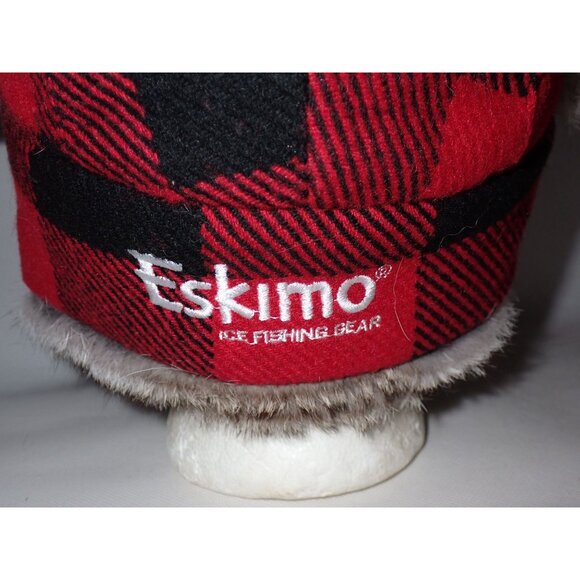 Eskimo Ice Fishing Gear‎ Red Black Buffalo Plaid Fur Flap Hat Alaskan Hunting L - Picture 6 of 11